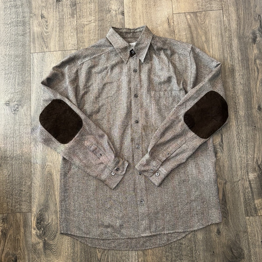 Firethorn Sliver Mens M Warm Button Up Shirt  Long Sleeve Brown Wool Elbow Patch